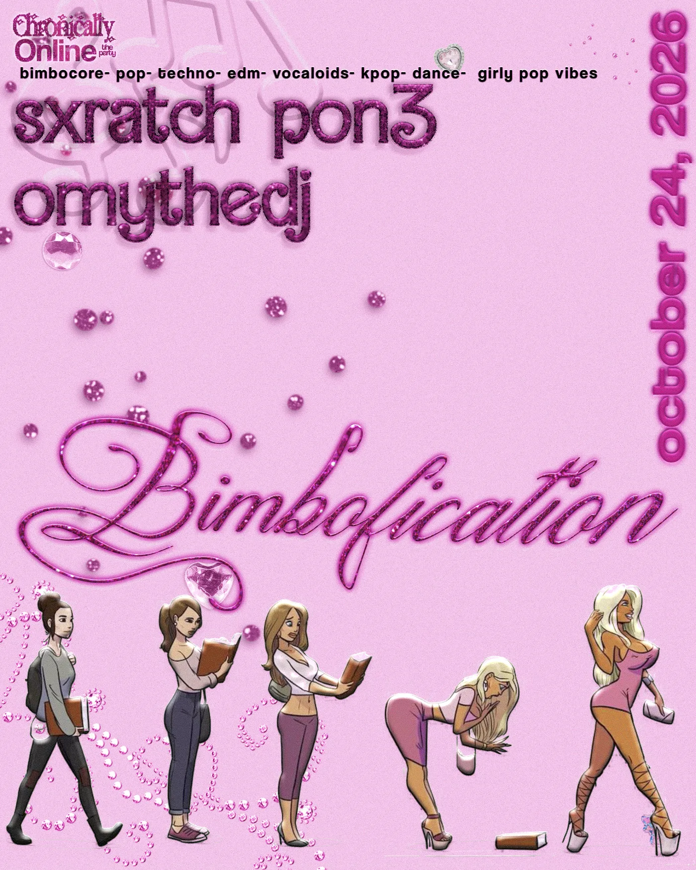 Bimbofication event flyer featuring sXratch Pon3 and OMY THE DJ